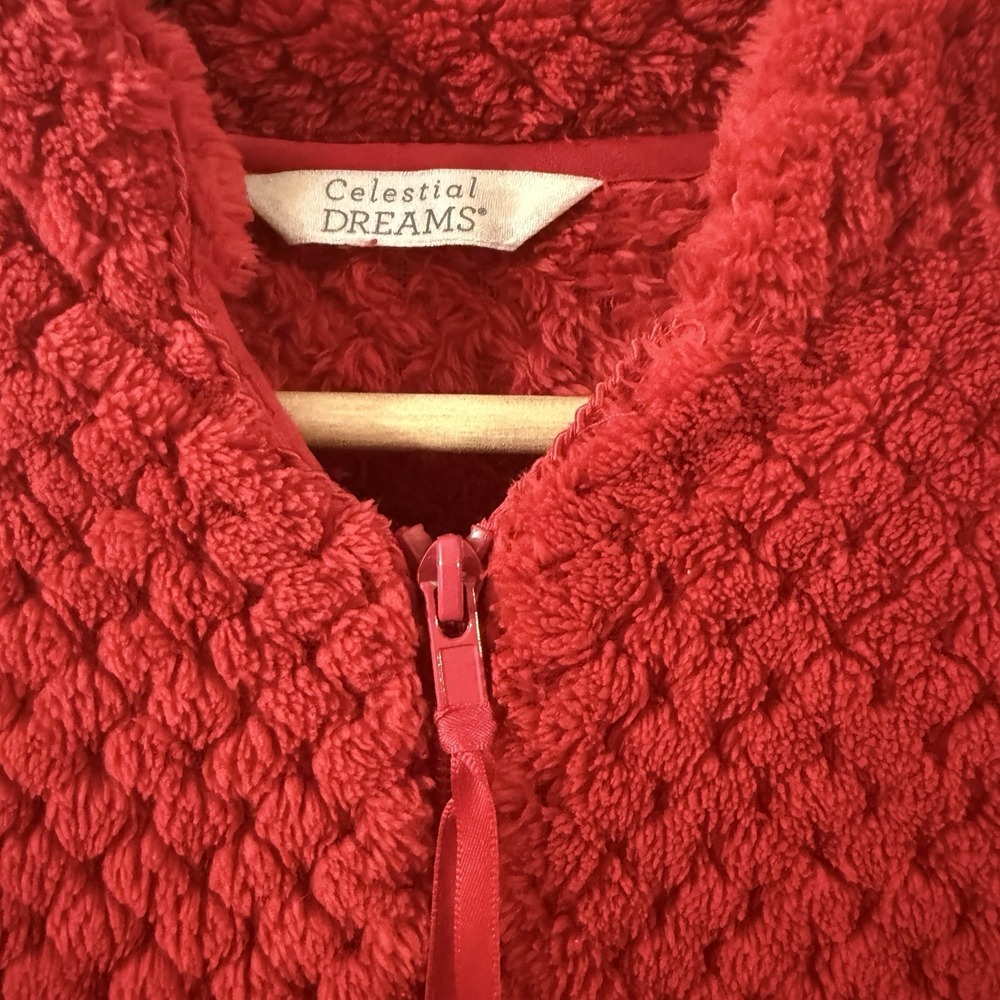 Womens L* Robe Red Dimpled Dot Fleece Long Modest Soft Plush Cozy Loungewear
